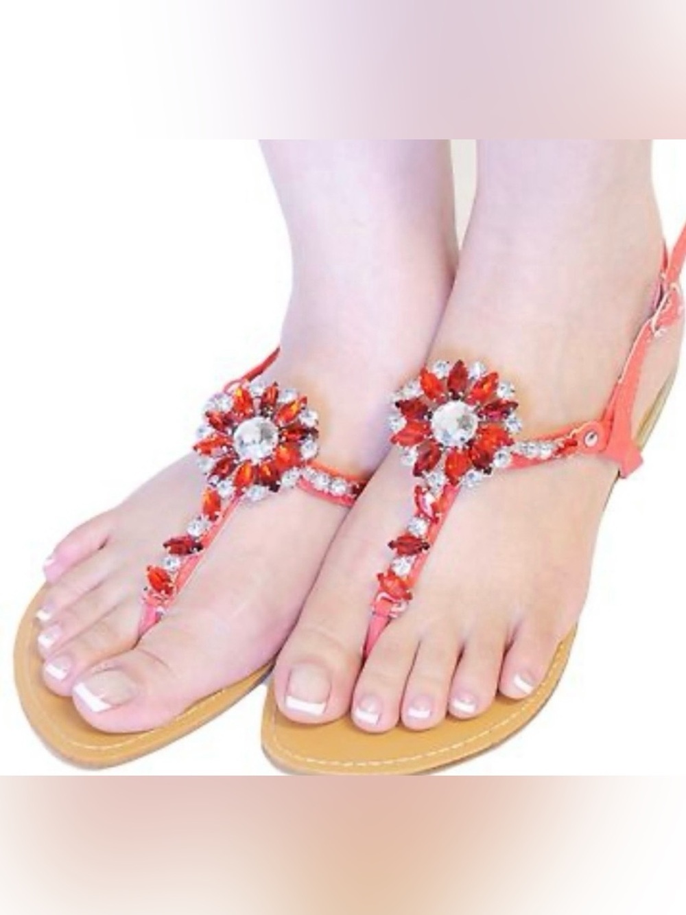 Coral Jeweled T-Strap Women's Sandals - Sleek Summer Flats - Picture 4 of 4